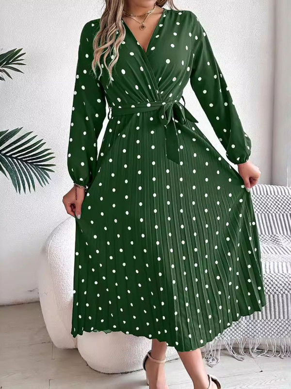 Tied Waist Polka Dot Pleated Long Sleeves High Waisted V-Neck Shirt Dress Maxi Dresses