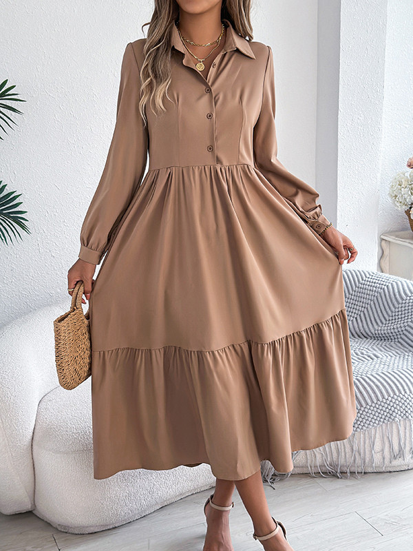 Solid Color Ruffled Pleated Loose Long Sleeves Lapel Shirt Dress Midi Dresses