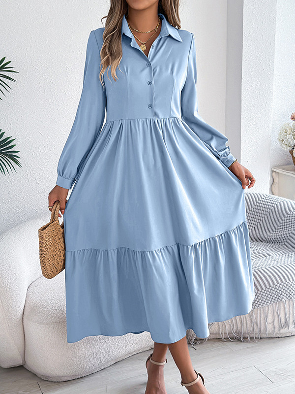 Solid Color Ruffled Pleated Loose Long Sleeves Lapel Shirt Dress Midi Dresses