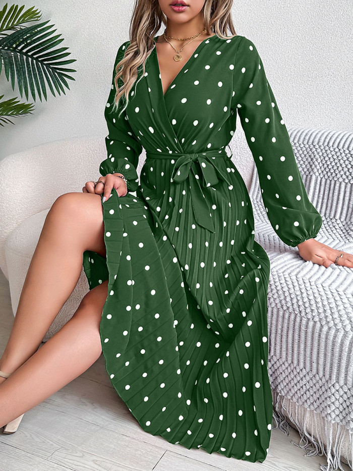 Tied Waist Polka Dot Pleated Long Sleeves High Waisted V-Neck Shirt Dress Maxi Dresses