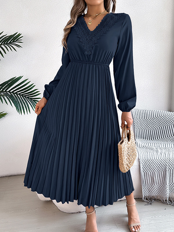 Solid Color Pleated Long Sleeves High Waisted V-neck Midi Dresses