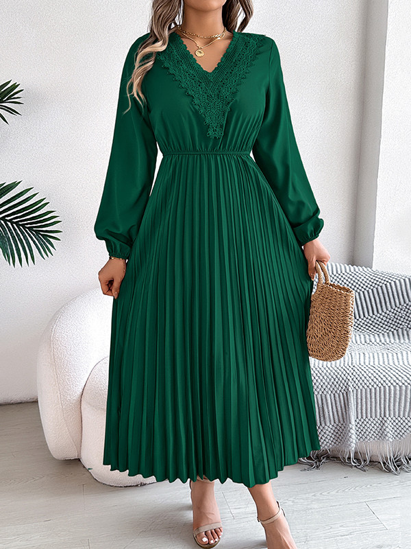 Solid Color Pleated Long Sleeves High Waisted V-neck Midi Dresses