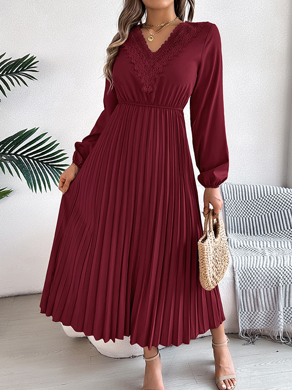 Solid Color Pleated Long Sleeves High Waisted V-neck Midi Dresses