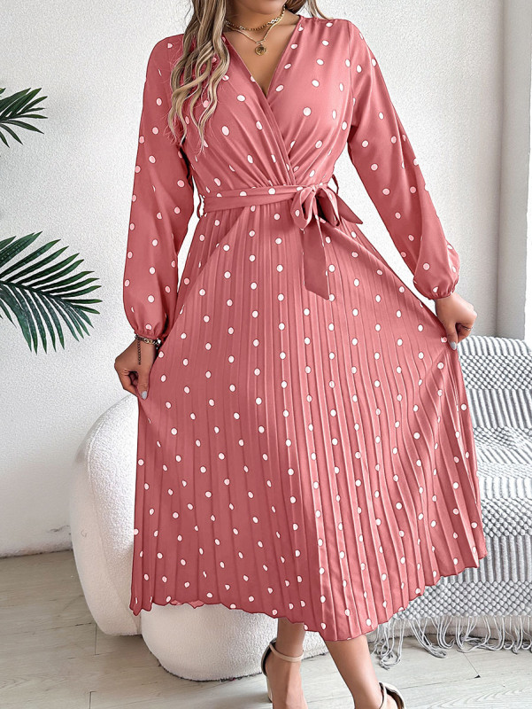 Tied Waist Polka Dot Pleated Long Sleeves High Waisted V-Neck Shirt Dress Maxi Dresses