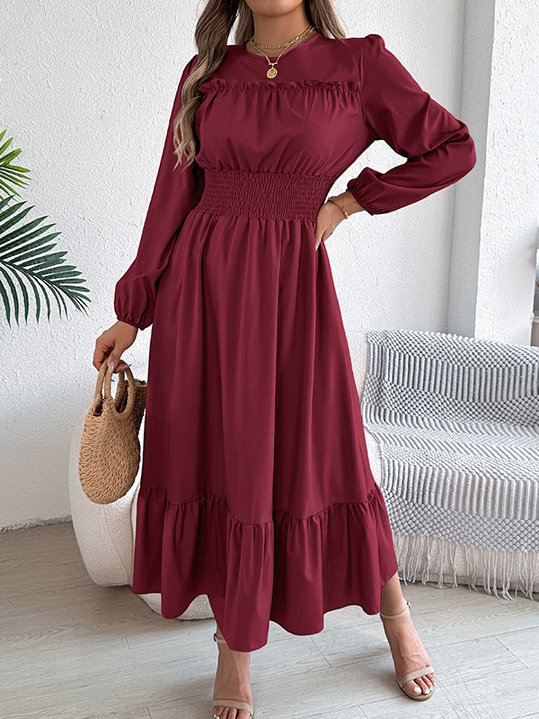 Solid Color Pleated Long Sleeves High Waisted Round-Neck Maxi Dresses
