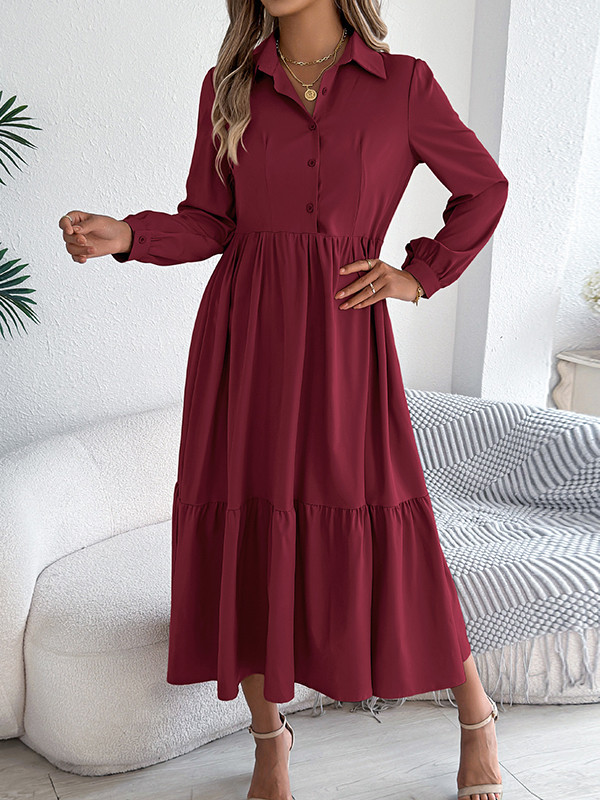 Solid Color Ruffled Pleated Loose Long Sleeves Lapel Shirt Dress Midi Dresses