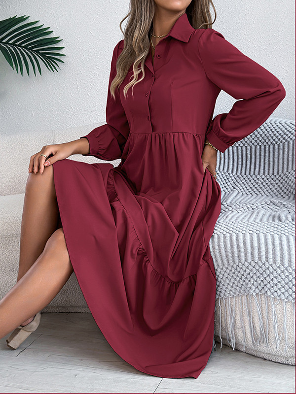 Solid Color Ruffled Pleated Loose Long Sleeves Lapel Shirt Dress Midi Dresses