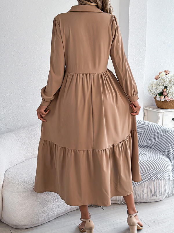 Solid Color Ruffled Pleated Loose Long Sleeves Lapel Shirt Dress Midi Dresses