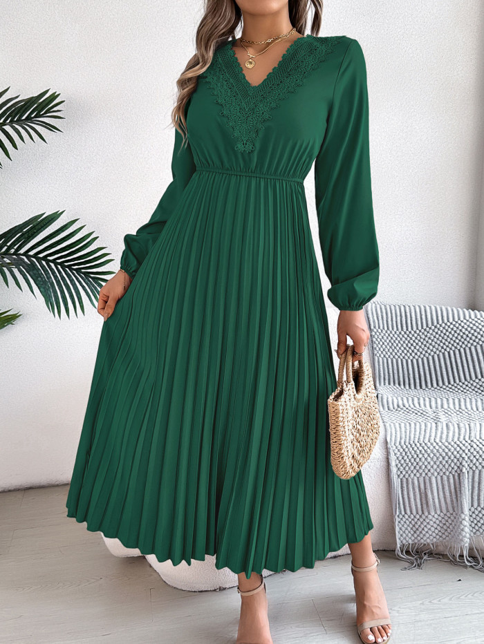 Solid Color Pleated Long Sleeves High Waisted V-neck Midi Dresses