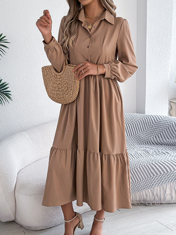 Solid Color Ruffled Pleated Loose Long Sleeves Lapel Shirt Dress Midi Dresses