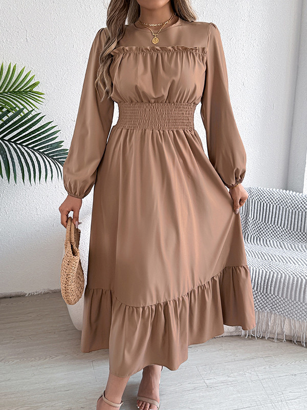 Solid Color Pleated Long Sleeves High Waisted Round-Neck Maxi Dresses