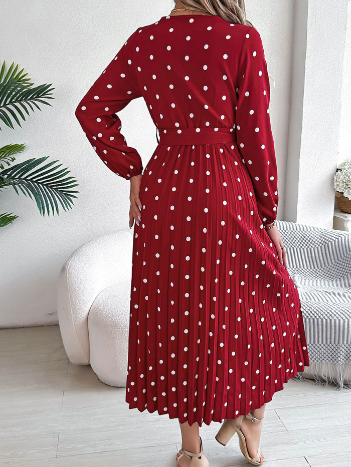 Tied Waist Polka Dot Pleated Long Sleeves High Waisted V-Neck Shirt Dress Maxi Dresses