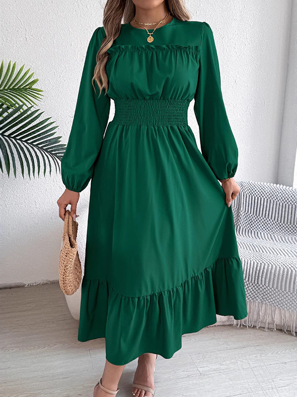 Solid Color Pleated Long Sleeves High Waisted Round-Neck Maxi Dresses