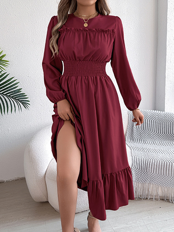 Solid Color Pleated Long Sleeves High Waisted Round-Neck Maxi Dresses