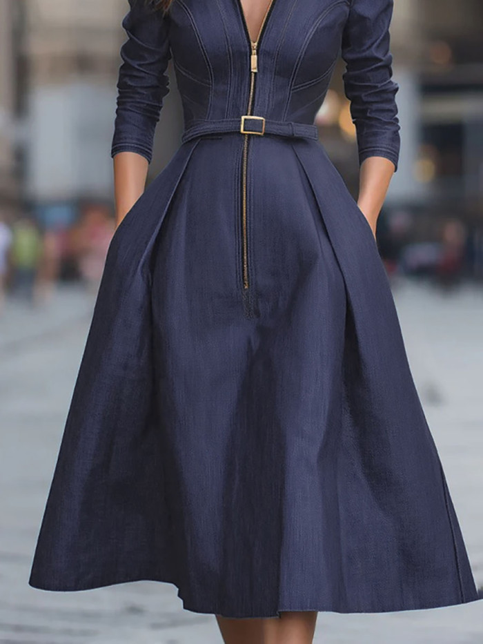 Zipper Pockets Pleated Belted Long Sleeves High Waisted V-Neck Midi Dresses