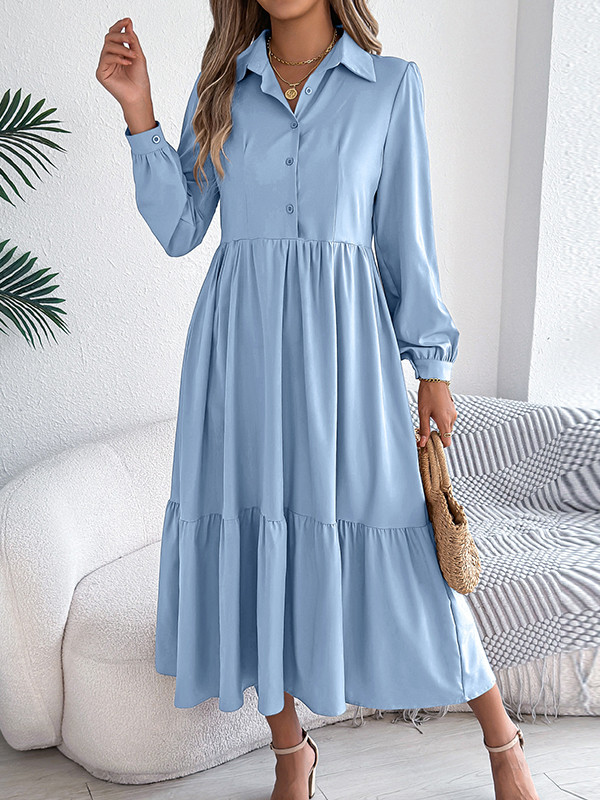 Solid Color Ruffled Pleated Loose Long Sleeves Lapel Shirt Dress Midi Dresses