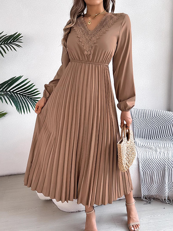 Solid Color Pleated Long Sleeves High Waisted V-neck Midi Dresses