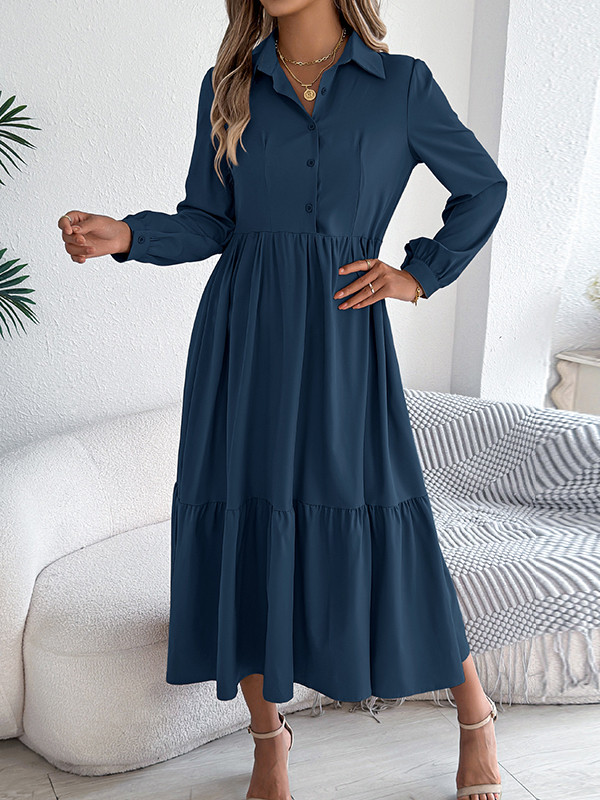 Solid Color Ruffled Pleated Loose Long Sleeves Lapel Shirt Dress Midi Dresses