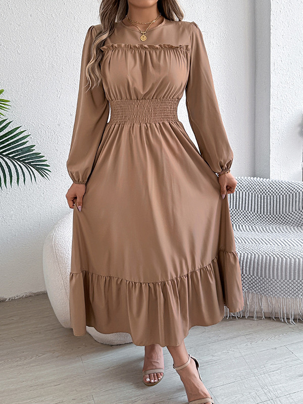 Solid Color Pleated Long Sleeves High Waisted Round-Neck Maxi Dresses