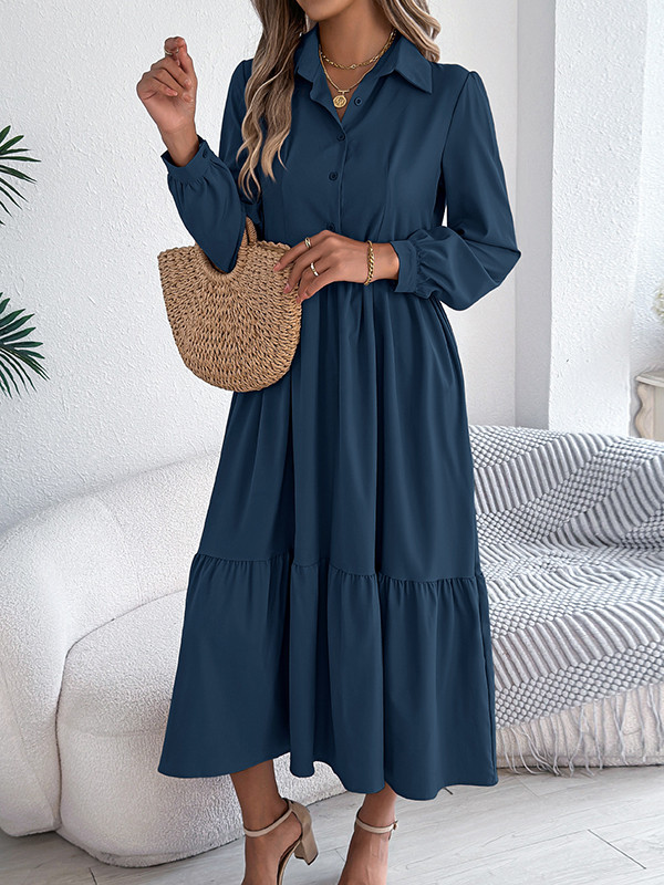 Solid Color Ruffled Pleated Loose Long Sleeves Lapel Shirt Dress Midi Dresses