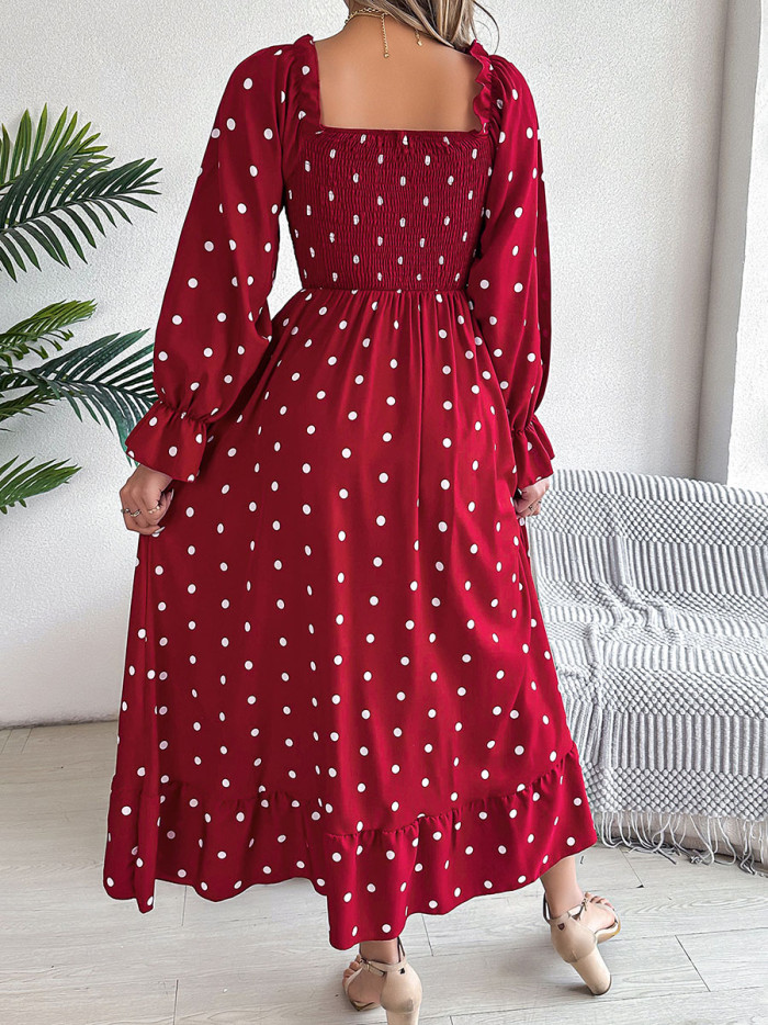 Ruffled Polka Dot Pleated Ruffle Sleeves Long Sleeves Square-Neck Shirt Dress Maxi Dresses