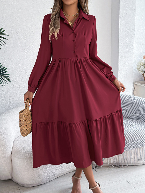 Solid Color Ruffled Pleated Loose Long Sleeves Lapel Shirt Dress Midi Dresses