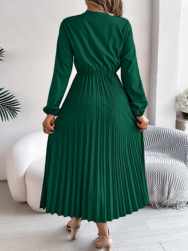 Solid Color Pleated Long Sleeves High Waisted V-neck Midi Dresses