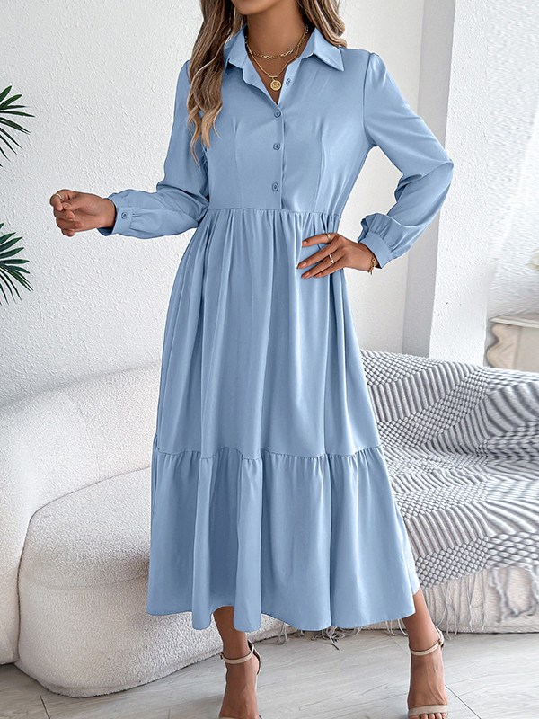 Solid Color Ruffled Pleated Loose Long Sleeves Lapel Shirt Dress Midi Dresses