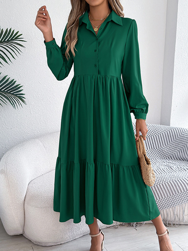 Solid Color Ruffled Pleated Loose Long Sleeves Lapel Shirt Dress Midi Dresses