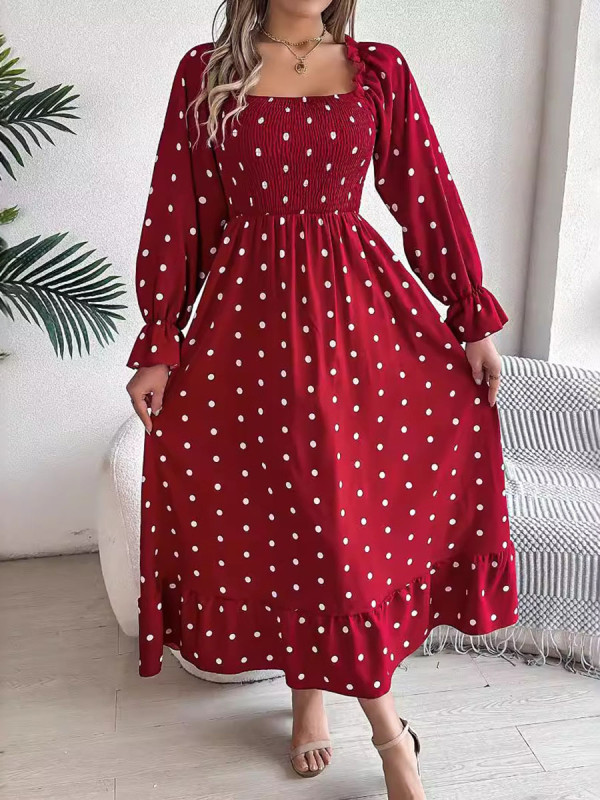 Ruffled Polka Dot Pleated Ruffle Sleeves Long Sleeves Square-Neck Shirt Dress Maxi Dresses