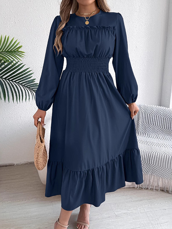 Solid Color Pleated Long Sleeves High Waisted Round-Neck Maxi Dresses
