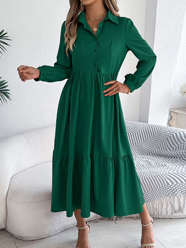 Solid Color Ruffled Pleated Loose Long Sleeves Lapel Shirt Dress Midi Dresses