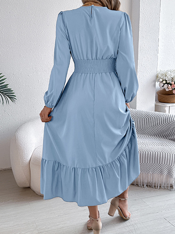Solid Color Pleated Long Sleeves High Waisted Round-Neck Maxi Dresses