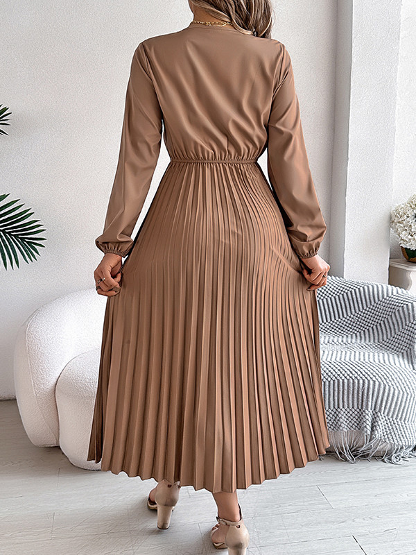 Solid Color Pleated Long Sleeves High Waisted V-neck Midi Dresses