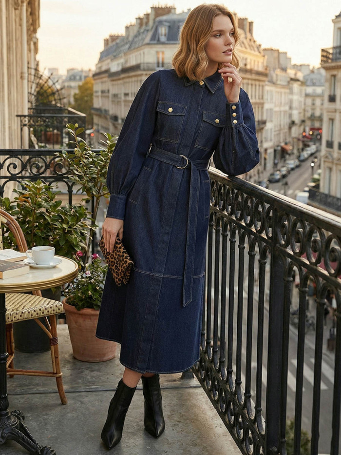Puff Sleeves Belted Buttoned Pockets Split-Joint Lapel Midi Dresses