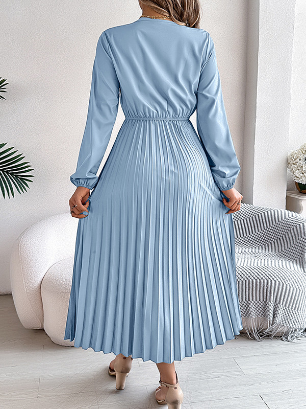 Solid Color Pleated Long Sleeves High Waisted V-neck Midi Dresses