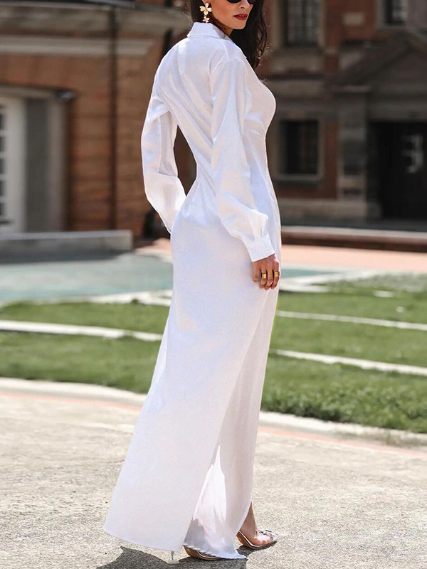 Split-front Solid Color Pleated Buttoned Buckle Long Sleeves Lapel Shirt Dress Maxi Dresses