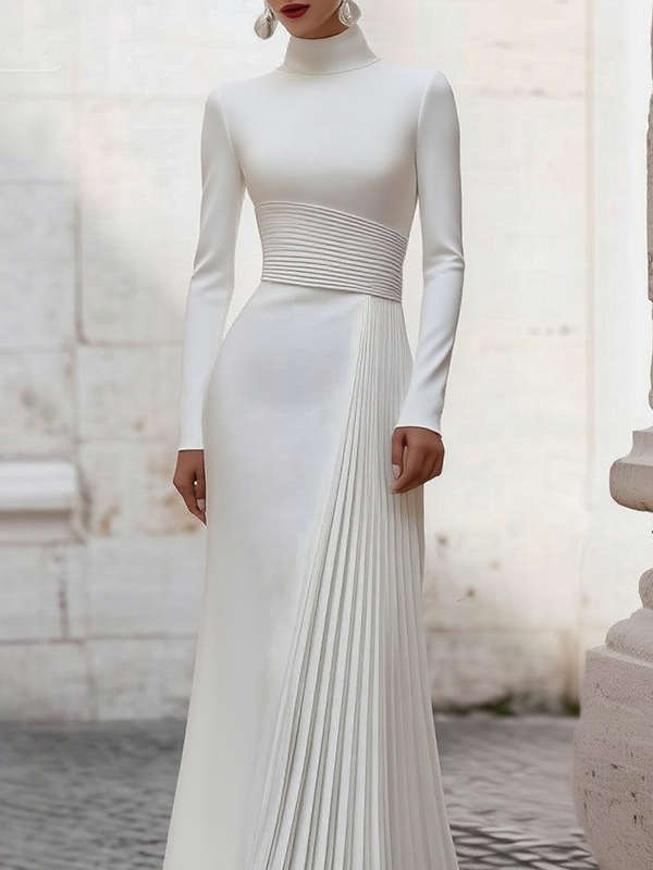 Zipper Split-Joint Solid Color Pleated Long Sleeves High Waisted Mock Neck Maxi Dresses