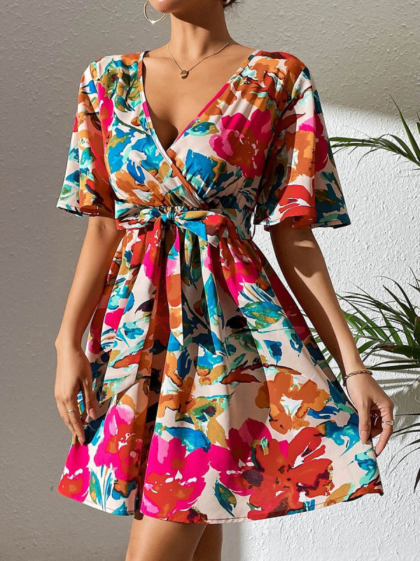 Tied Waist Split-Joint Printed Pleated Contrast Color Short Sleeves High Waisted Deep V-Neck Mini Dresses