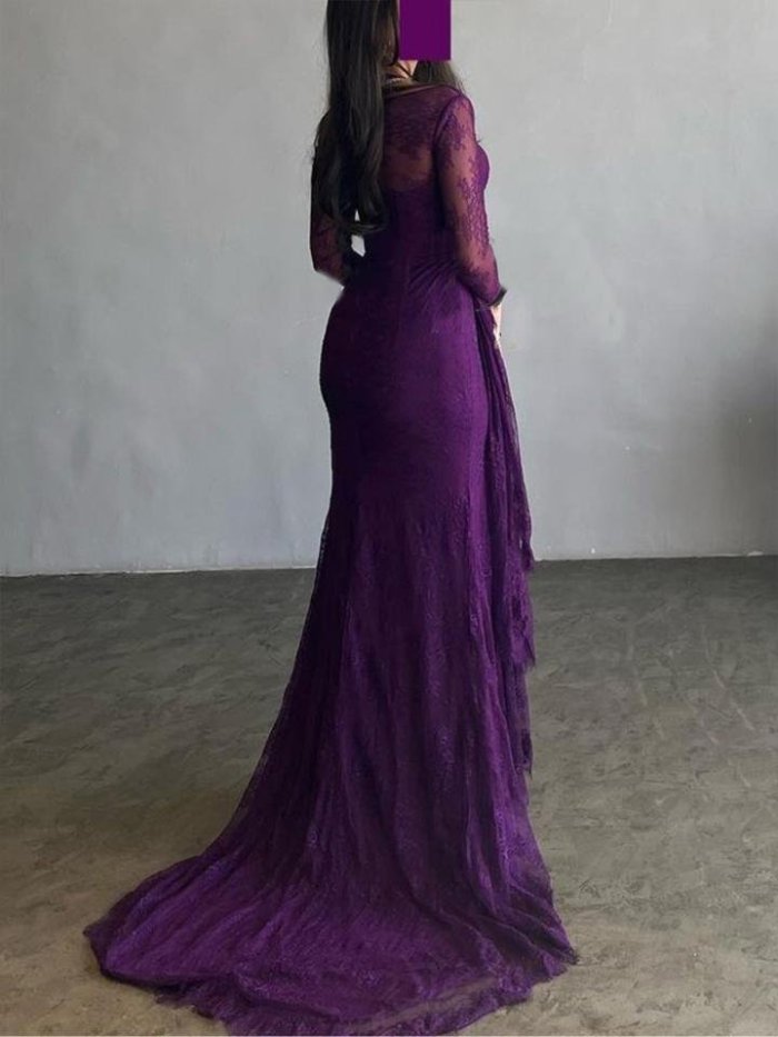 Split-side See-Through Mesh Mermaid Long Sleeves Square-neck Maxi Dresses Evening Dresses