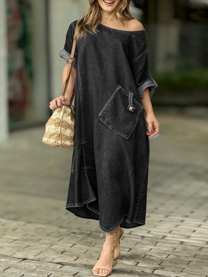 Split-Joint Solid Color Pockets Asymmetric Loose Long Sleeves One-Shoulder Midi Dresses