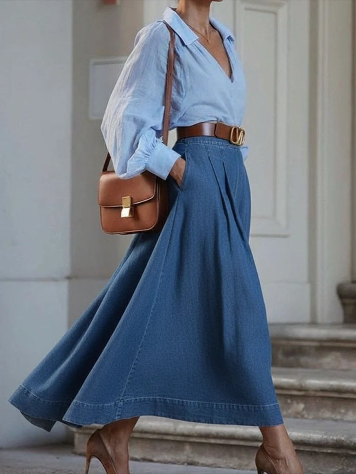 Solid Color Pockets Pleated High-Low High Waisted Skirts Bottoms