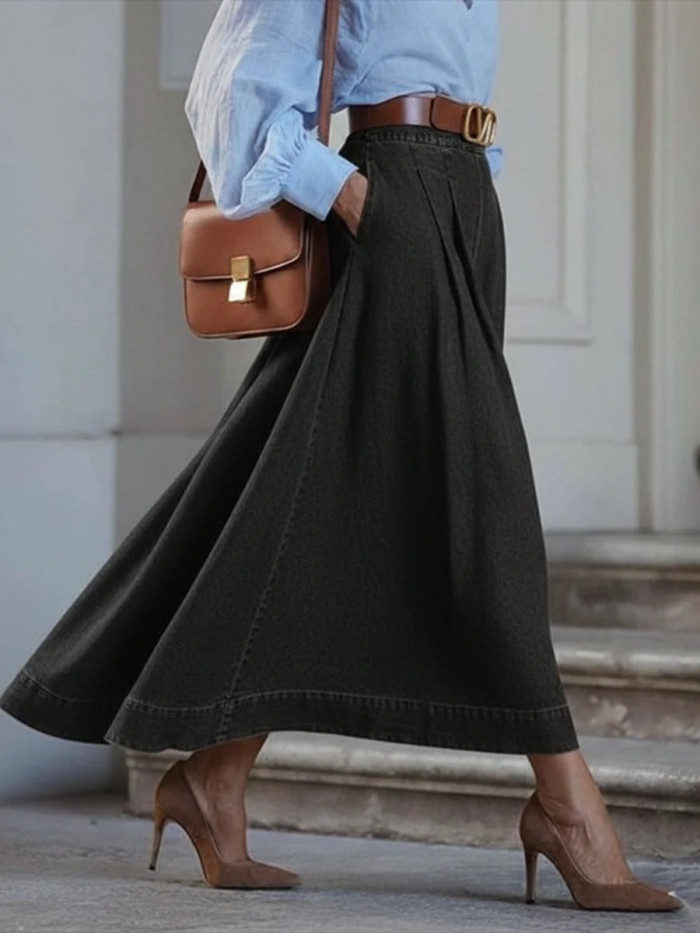 Solid Color Pockets Pleated High-Low High Waisted Skirts Bottoms
