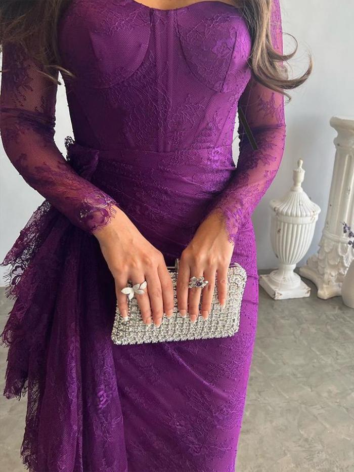 Split-side See-Through Mesh Mermaid Long Sleeves Square-neck Maxi Dresses Evening Dresses
