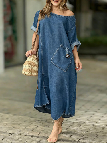 Split-Joint Solid Color Pockets Asymmetric Loose Long Sleeves One-Shoulder Midi Dresses