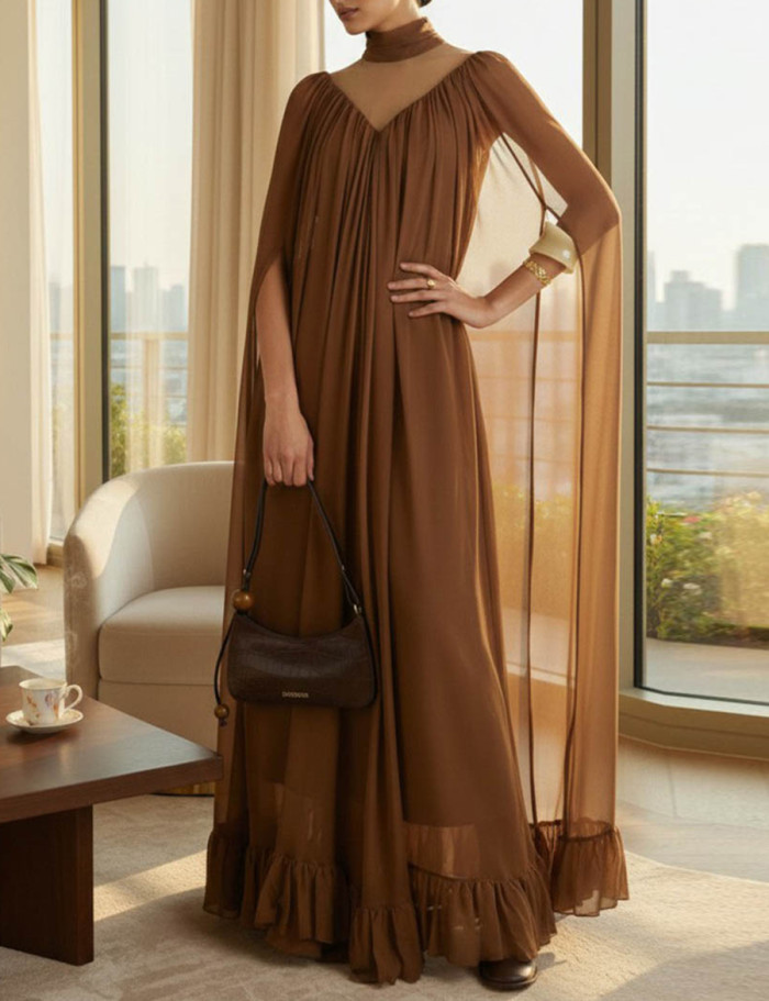 Split-Joint Solid Color See-Through Ruffled Pleated Layered Loose Long Sleeves High Neck Maxi Dresses