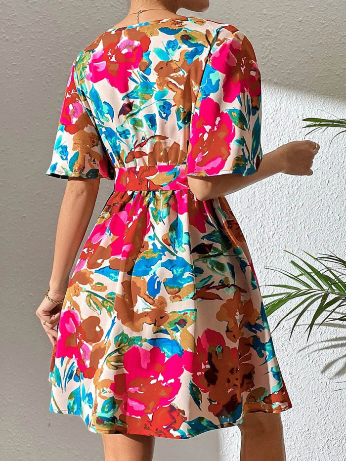 Tied Waist Split-Joint Printed Pleated Contrast Color Short Sleeves High Waisted Deep V-Neck Mini Dresses