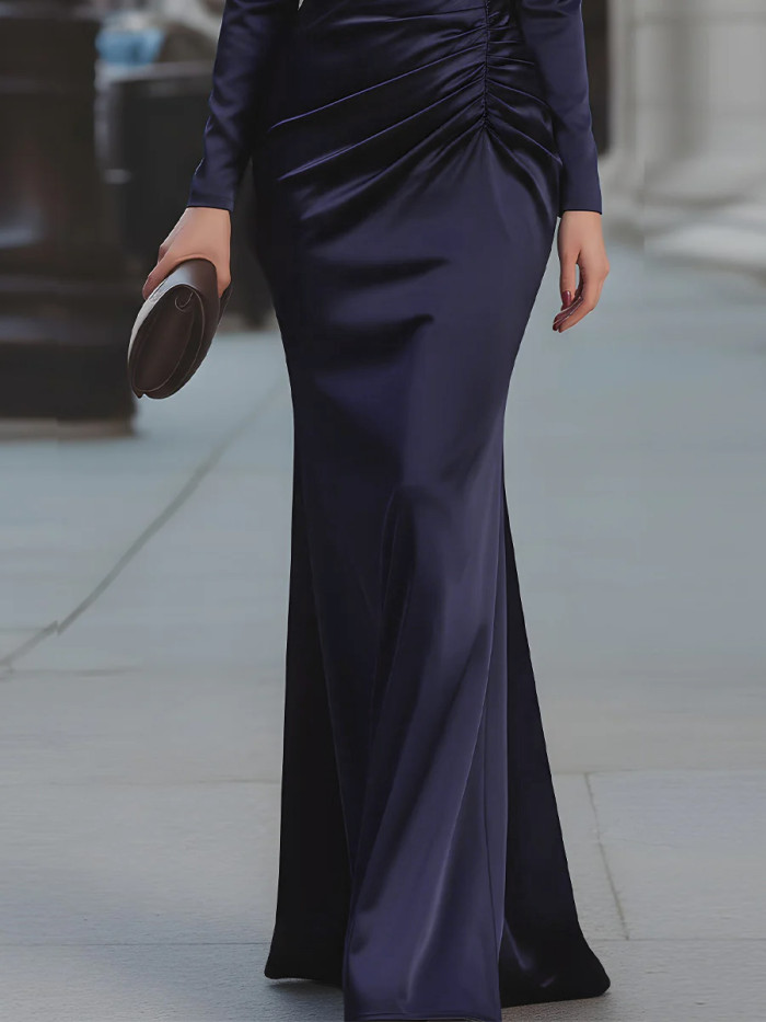 Split-side Solid Color Pleated Long Sleeves High Waisted Notched Collar Maxi Dresses