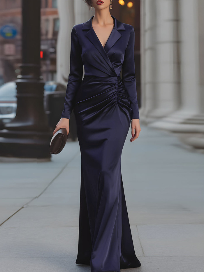 Split-side Solid Color Pleated Long Sleeves High Waisted Notched Collar Maxi Dresses