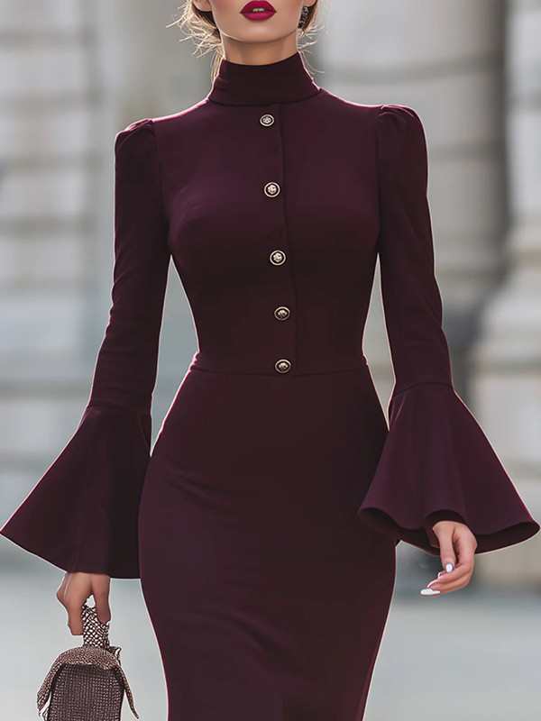 Bodycon Flared Sleeves Buttoned Solid Color High Neck Midi Dresses
